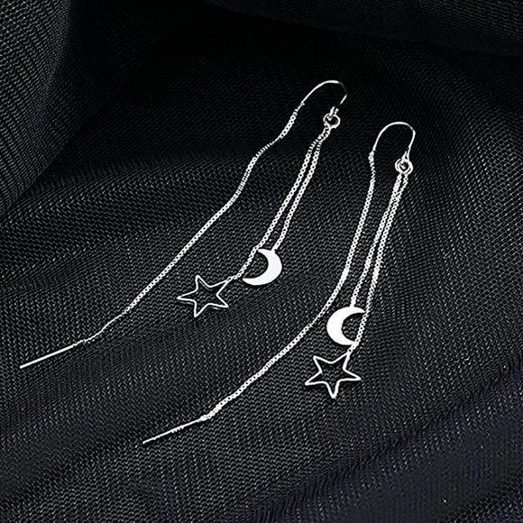 Silver Moon Star Threader Long Tassel Earring Chain, Drop Dangle Woman Earrings - Picture 7 of 8